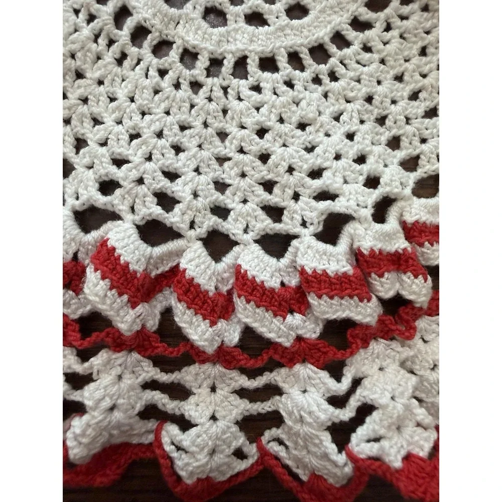 Vintage Red White Crochet Doily 11